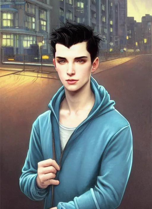 Image similar to handsome young man with short black hair, glowing light blue eyes, pale skin, wearing jeans and a black hoodie, detailed night time cityscape background, realistic painting by ross tran and gerald brom and alphonse mucha, ilya kuvshinov, svetlana tigai, artgerm, trending on artstation