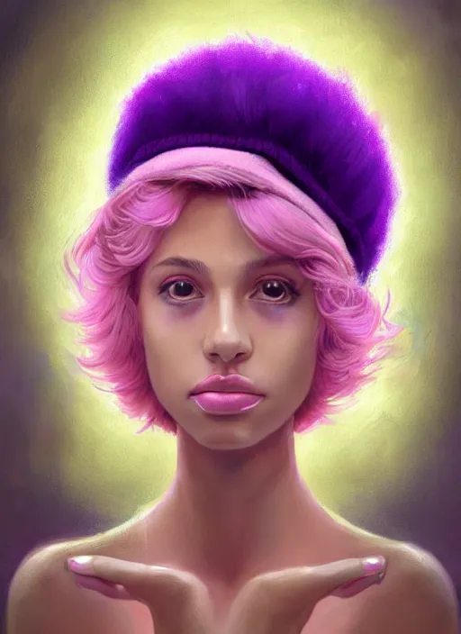 Image similar to portrait of vanessa morgan, teenage girl, pink hair, wavy pixie haircut, purple newsboy cap, fluffy pink hair coming out from under cap, hoop earrings, confident, energetic, spunky, intricate, elegant, glowing lights, highly detailed, digital painting, artstation, concept art, sharp focus, illustration, art by wlop, mars ravelo and greg rutkowski