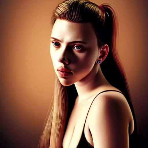 Image similar to intricate beautiful hyperreal portrait of a young scarlett johansson,, hair in a ponytail, smiling softly, casual clothes, relaxing on the couch, home interior, golden hour, close up shot, 8 k, art by irakli nadar, hyperrealism, hyperdetailed, ultra realistic