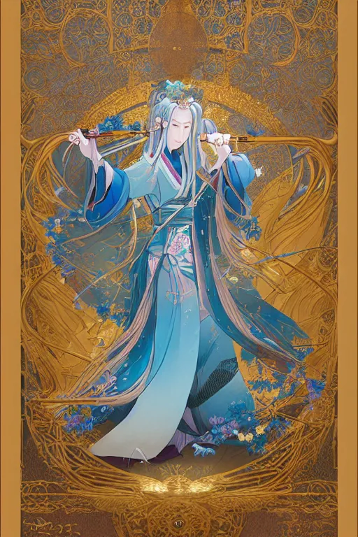 Image similar to breathtaking detailed soft painting of a samurai queen with long flowing blue hair, pastel flower petals flying, at dawn in front of a pristine golden art nouveau cathedral, elegant, volumetric lighting, highly detailed, artstation, concept art, matte, sharp focus, art by pilyeon, matcha art