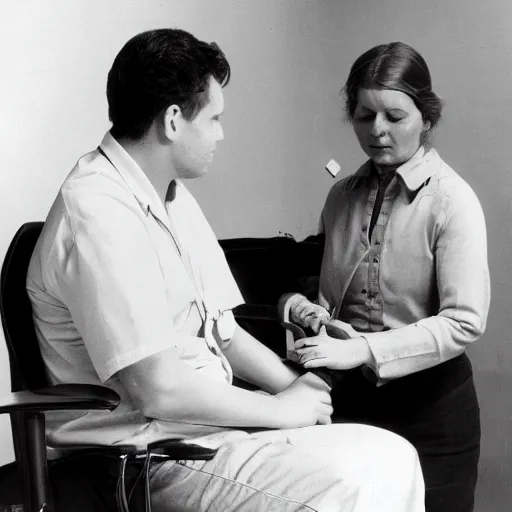 Prompt: a man sitting on a chair having his blood pressure measured by a nurse, photograph