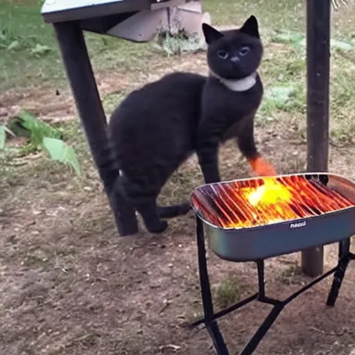 Image similar to trailcam footage of a cat cooking a meal using a bbq. caught on camera