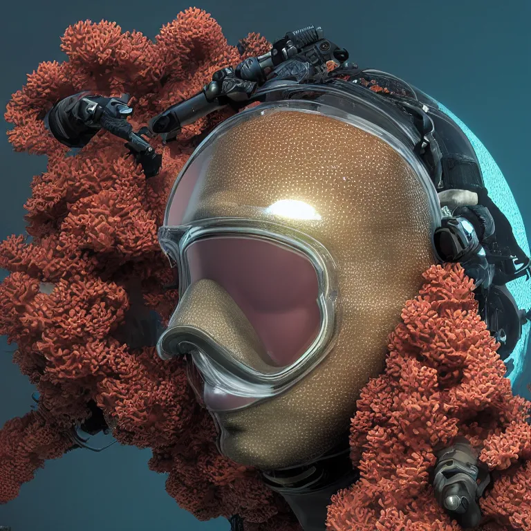 Image similar to octane render portrait by wayne barlow and carlo crivelli and glenn fabry, subject is a shiny reflective tactical black ops scuba diver with small dim lights inside helmet, surrounded by bubbles inside an exotic alien coral reef aquarium full of exotic fish and sharks, cinema 4 d, ray traced lighting, very short depth of field, bokeh