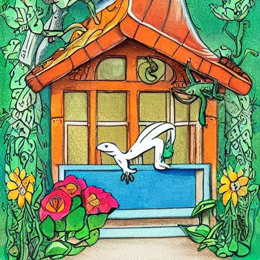 Image similar to a beautiful little lizard stands on a porch dotted with many flowers, fairytale illustration