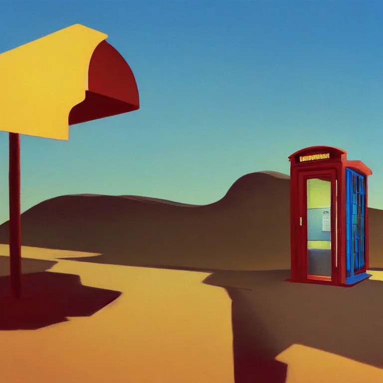 Image similar to phonebooth in a desert, sunset, painted by Edward Hopper, painted by James Gilleard, airbrush