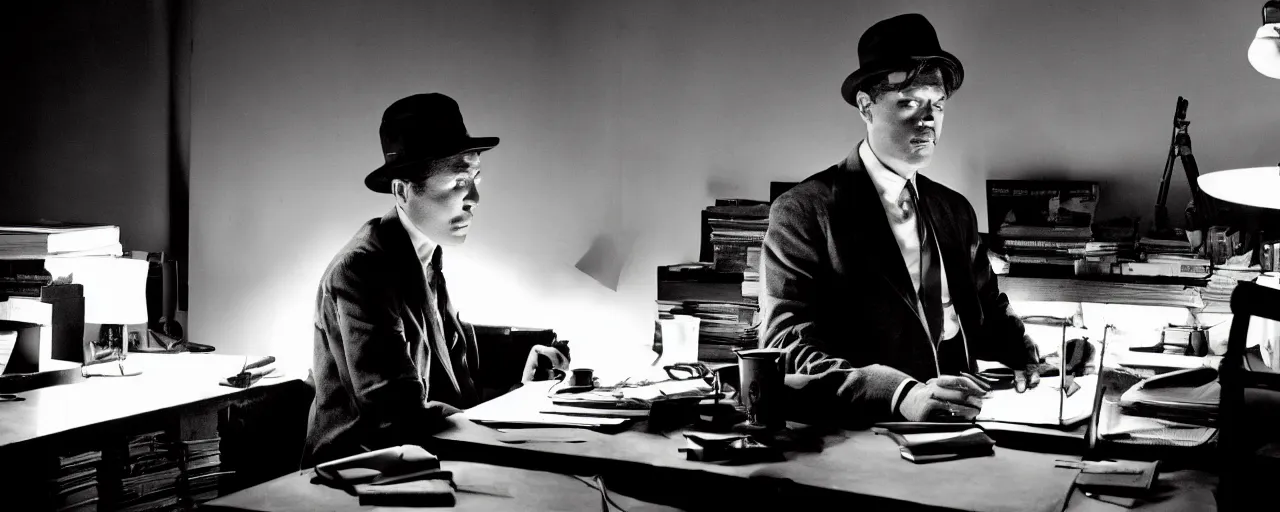 Image similar to film noir detective sitting in the dark at his desk, contrast lighting, black and white, by Frank Miller