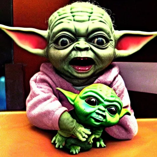 Prompt: baby yoda and screaming chucky doll