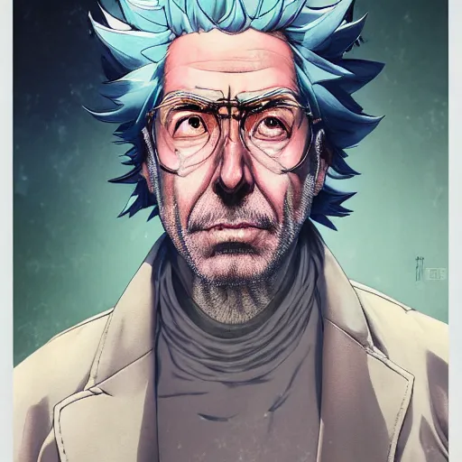 Image similar to 9 5 5 5 rick sanchez portrait by and james jean and katsuhiro otomo and erik jones, inspired by ghost in the shell anime, fine face features, intricate high details, sharp, ultradetailed, 3 d octane render