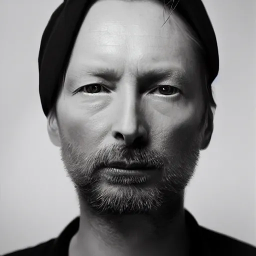 Prompt: Radiohead's Thom Yorke, with a beard and a black shirt, a computer rendering by Martin Schoeller, cgsociety, de stijl, uhd image, tintype photograph, studio portrait, 1990s, calotype