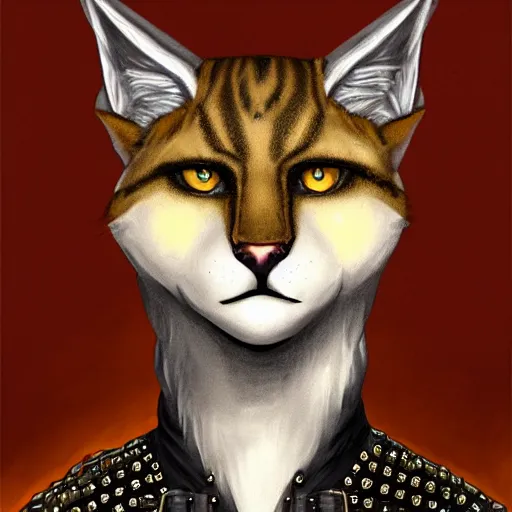 Image similar to d & d style portrait, tabaxi male, wearing studded leather.