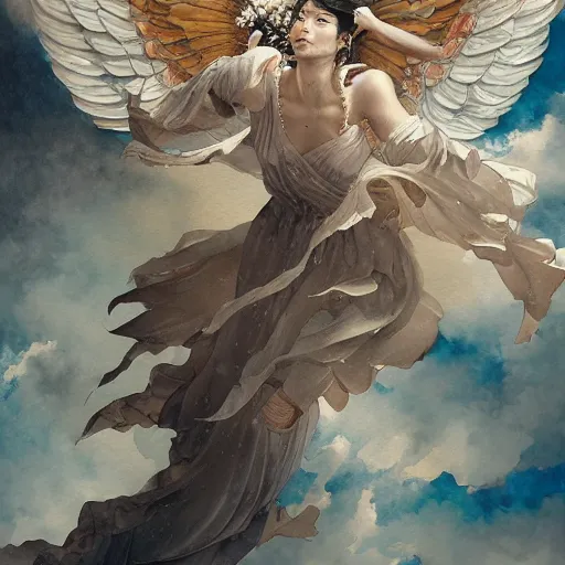 Prompt: highly detailed japanese watercolor painting of an angel in flight, intricate, elegant, digital painting, artstation, in the style of kehinde wiley, krenz cushart, artem demura