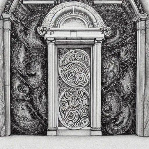 Image similar to golden ratio, perfection, intricate, sublime, heavenly, doorway, detailed, pencil art, spirals, astronaut opening door that shows the universe illustrated by davinci