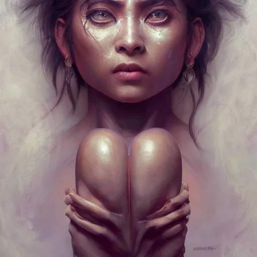 Prompt: painting of a muscular dark nepali female lower body, big eyes, fat, ultra realistic, concept art, intricate details, eerie, highly detailed, photorealistic, octane render, 8 k, unreal engine. art by artgerm and greg rutkowski and alphonse mucha