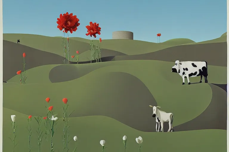 Image similar to giant retro - robot, cows, blooming hills with spring flowers and pillars by helen lundeberg