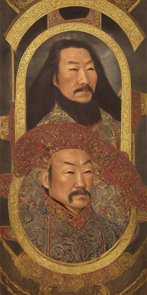 Image similar to a stunning and noble highly detailed romantic period style portrait of Genghis Khan by Josep Tapiró Baró, trending on artstation, oil painting masterpiece, symmetry, fractals, Mongolian iconography