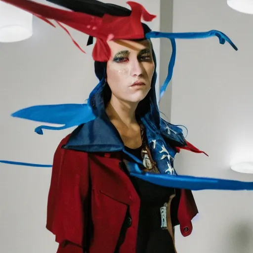 Image similar to dystopian fashion incorporating red white and blue, brutalist fashion show