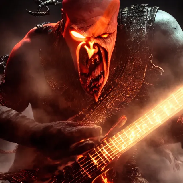 Image similar to glowing eyes evil kratos shredding on a flaming stratocaster guitar, cinematic render, god of war 2 0 1 8, santa monica studio official media, flaming eyes, lightning