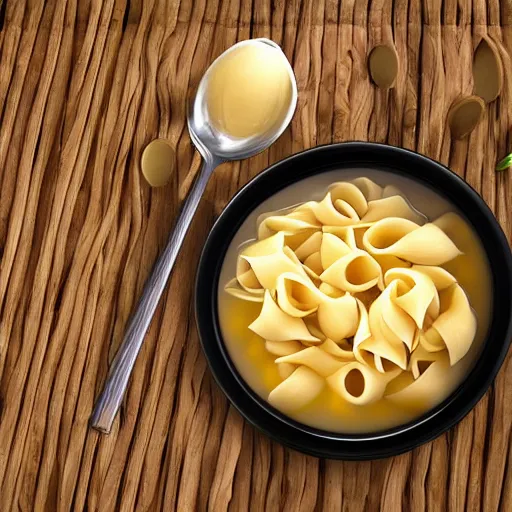 Image similar to hyperrealistic photo of a bowl of soup made of saturn shaped pasta