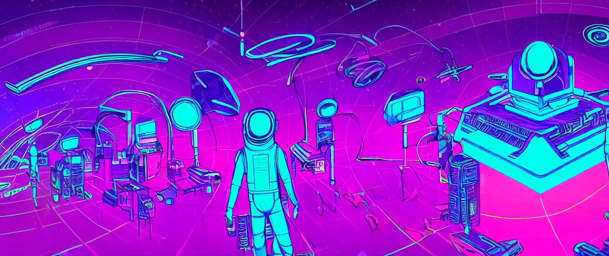 Prompt: hyper detailed 2060s neo-surreal neon purple and teal propaganda poster of space workers key sage sharp cinematic lighting 8k wide angle shallow depth of field