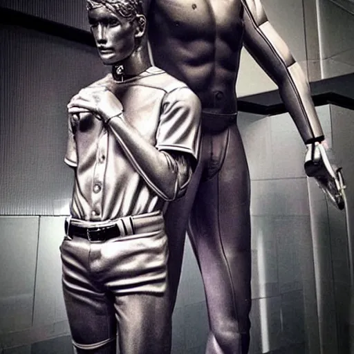 Prompt: “a realistic detailed photo of a guy who is an attractive humanoid who is half robot and half humanoid, who is a male android, baseball player Aaron Judge, shiny skin, posing like a statue, blank stare”