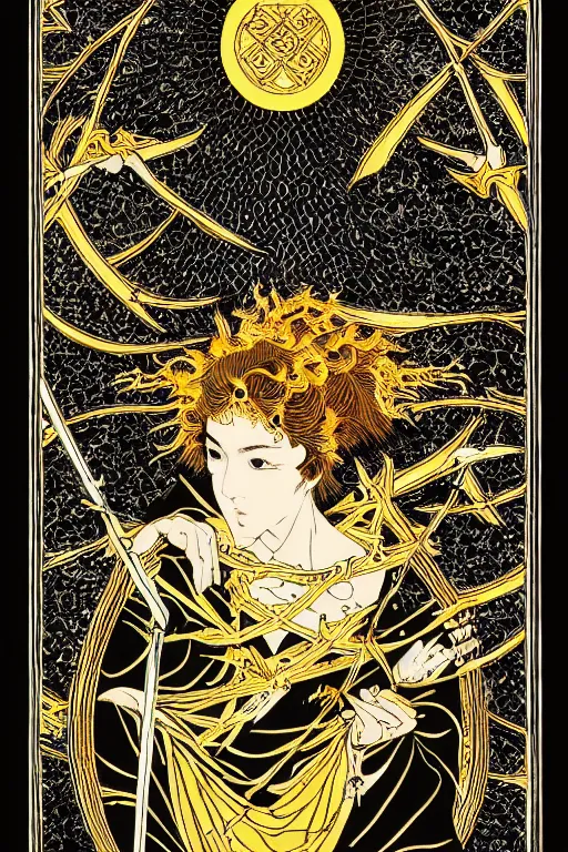 Image similar to highly-detailed vector image of a tarot card by takato yamamoto. natural light, light leaks. 8K HD wallpaper. Black 2.0, metallic gold, metallic silver color scheme.