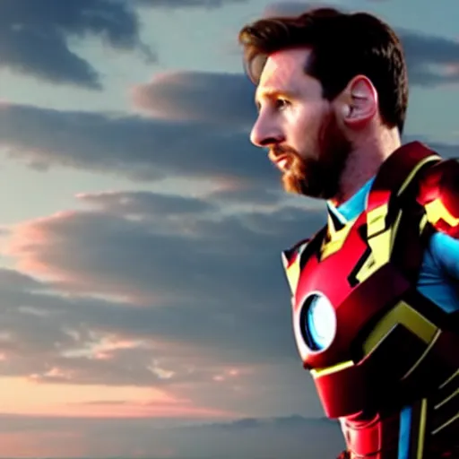 Image similar to film still of Lionel Messi as Ironman in the Avengers