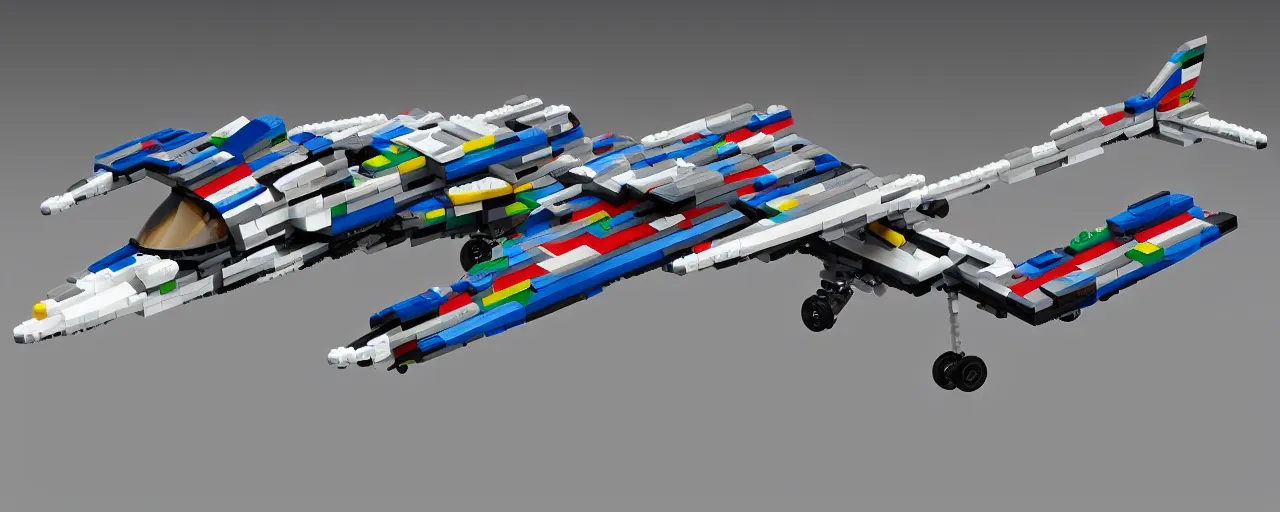 Prompt: Aerodynamic futuristic airplane, made of LEGO, in the style of LEGO, 4K, highly detailed