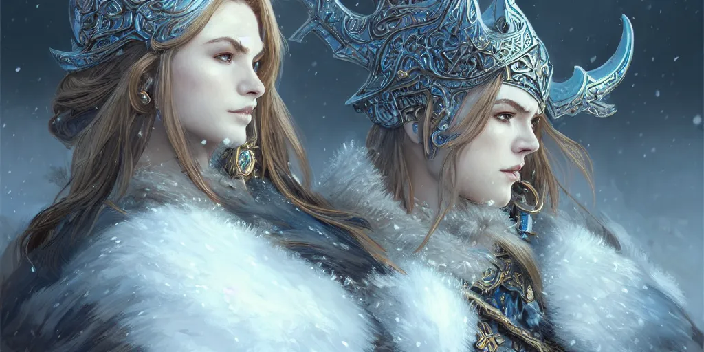 Image similar to azure viking warrior, regal, elegant, winter, snow, beautiful, stunning, hd, illustration, epic, d & d, fantasy, intricate, elegant, highly detailed, wide angle, digital painting, artstation, concept art, smooth, sharp focus, illustration, wallpaper, art by artgerm and greg rutkowski and alphonse mucha and jin xiaodi