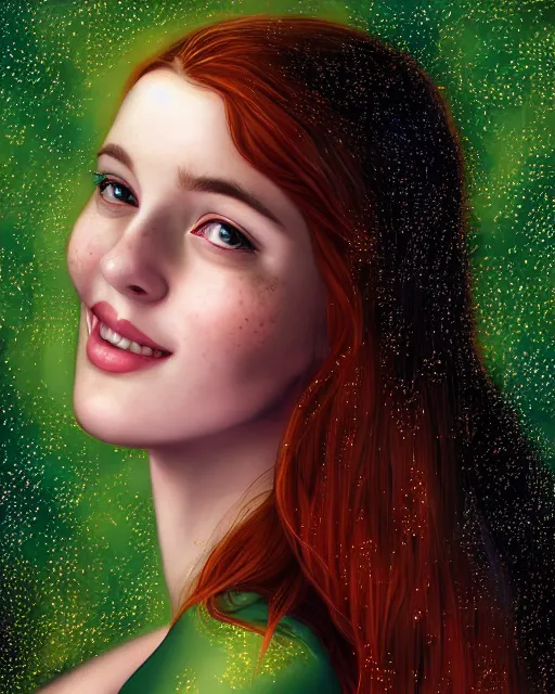 Image similar to a happy, modern looking young woman looking over shoulder, intricate detailed dress, among the lights of golden fireflies and nature, long loose red hair, bright green eyes, small nose with freckles, triangle shape face, smiling, dreamy scene, golden ratio, high contrast, hyper realistic digital art by caravaggio and artgerm.