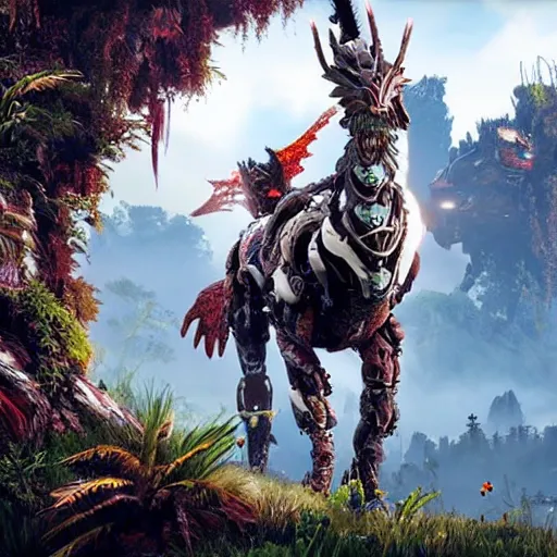 Image similar to cinematic still of horizon zero dawn, intact si - fi robotic fantasy dragon, highly detailed