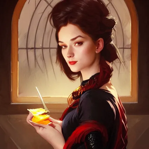 Prompt: very cute Miranda Kirr eating fork covered in honey wearing black-crimson silk dress, D&D, fantasy, intricate, elegant, highly detailed, digital painting, artstation, concept art, matte, sharp focus, illustration, hearthstone, art by Artgerm and Greg Rutkowski and Alphonse Mucha