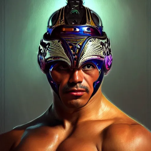 Prompt: portrait of lucha libre dj, muscular, fantasy, intricate, elegant, highly detailed, digital painting, artstation, concept art, smooth, sharp focus, illustration, art by artgerm and greg rutkowski and alphonse mucha