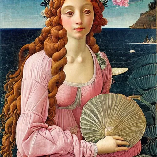 Prompt: an hyperrealistic mythological oil painting of venus with long curly brown hair, full body, wearing pink floral chiton, sleeping in a giant scallop shell, near the seashore, intricate lines, elegant, renaissance style, by sandro botticelli and william waterhouse -