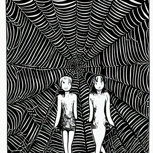 Image similar to female twins in a spider web by junji ito