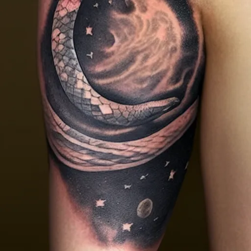 Image similar to a woman with a tattoo of a snake sitting on the moon gazing at the milkyway, volumetric light, ray tracing,