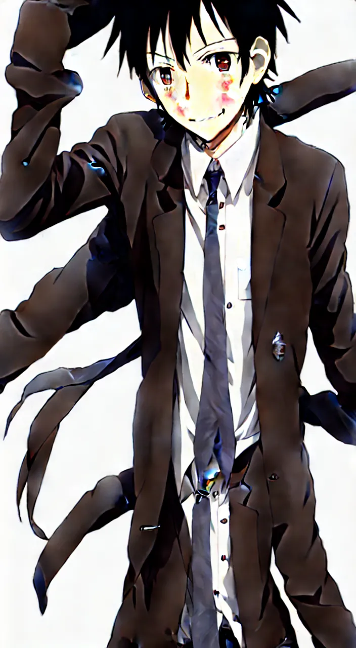 Image similar to okabe rintarou, 1 boy, black hair, brown eyes, black pants, white labcoat, smile, black shirt, danbooru, detailed anime art, looking at viewer, on rooftop, steins ; gate, digital art