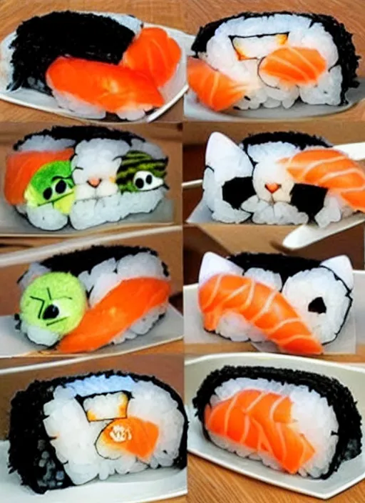 Image similar to clear photorealistic picture of adorable cats made out of sushi