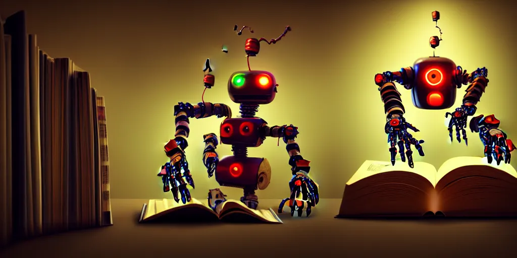 Image similar to A frightening multi armed evil robot devouring books with pipes and tubes and pages floating down, hyperealistic very colourful hdr cinematic lighting cgi render photorealistic cinematic octane render