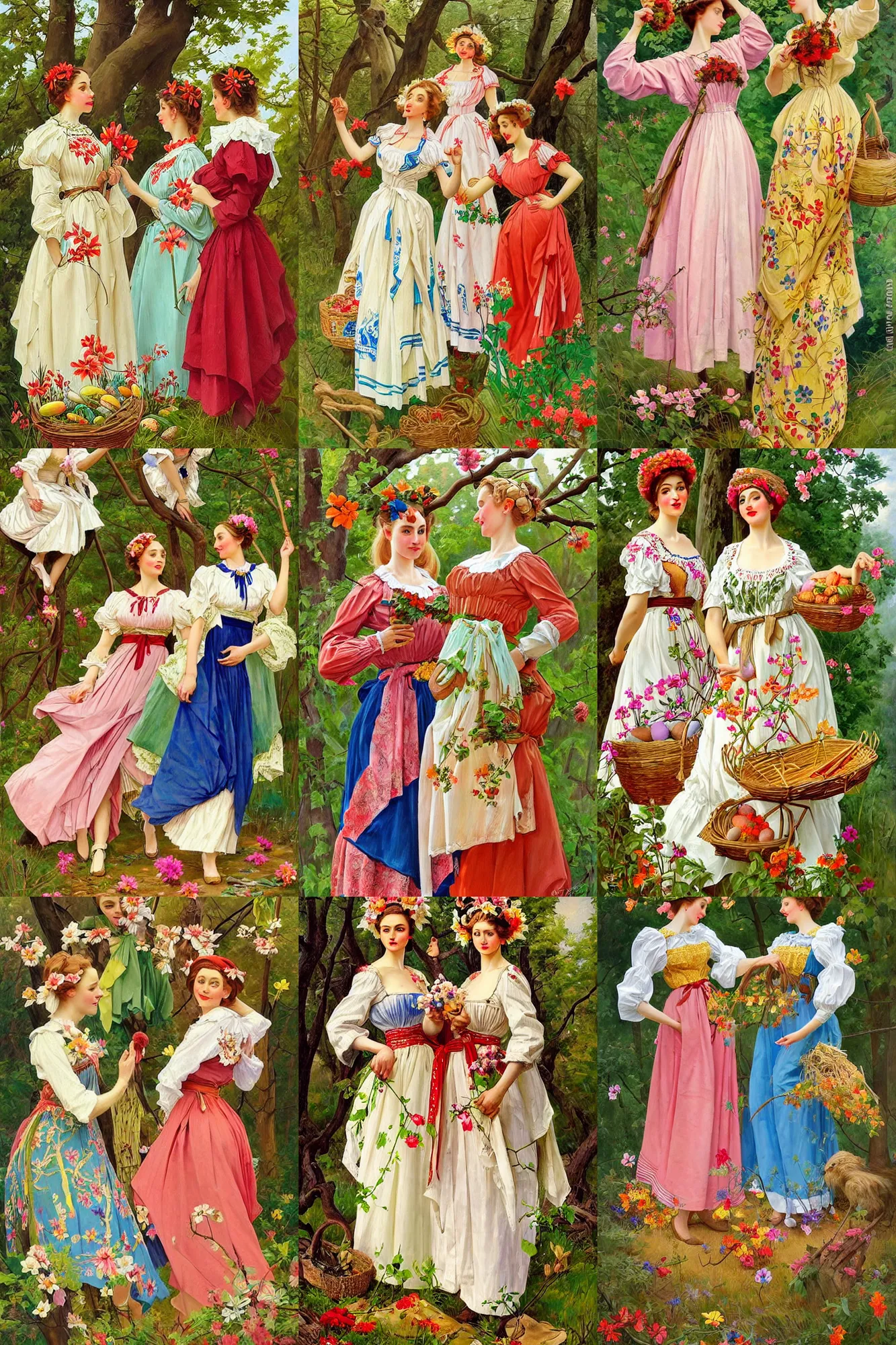 Prompt: beautiful painting of slavic women wearing folklore dresses ; in the forest gathering easter eggs and flower petals. in the style of jc leyendecker and peter paul reubens.