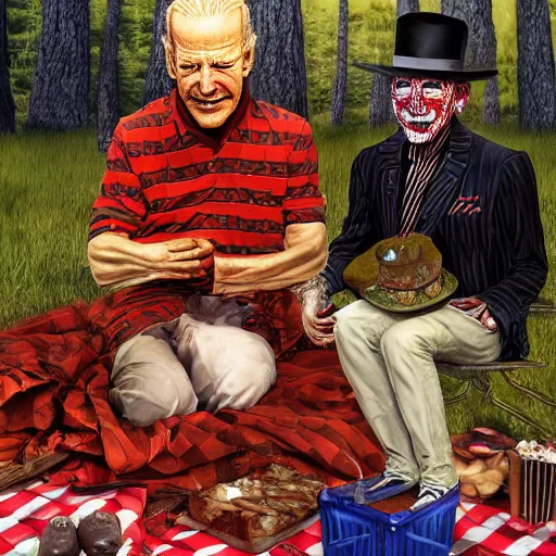 Image similar to freddy krueger, lich lenin and joe biden on a picnic, photo portrait, hyper realism, creepy, symmetry, awesome exposition, very detailed, highly accurate, professional lighting diffracted lightrays, 8 k, sense of awe