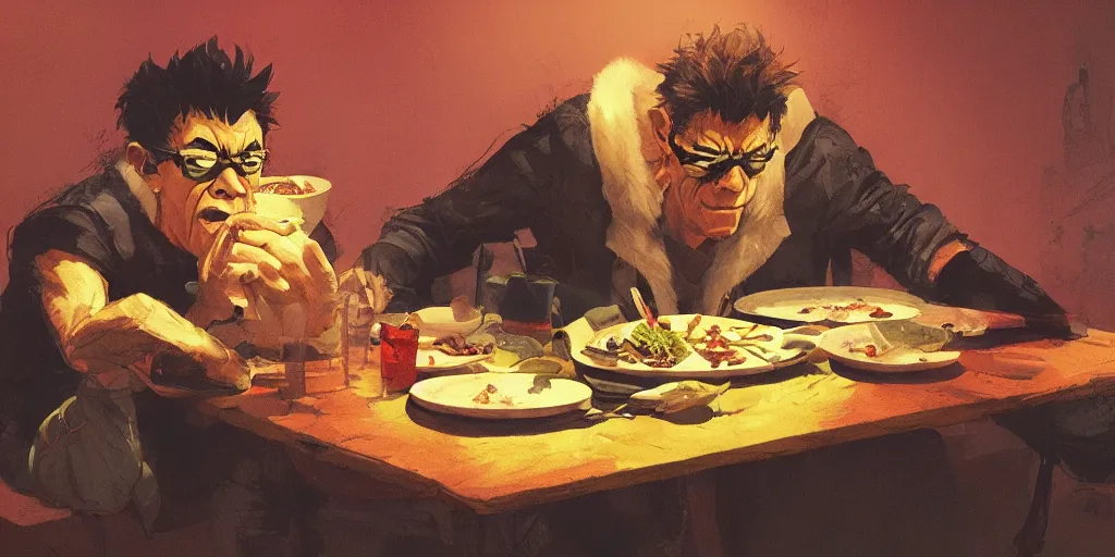 Image similar to cartoonish lou reed eating dinner, vivid colors, character sheet, fine details, concept design, contrast, kim jung gi, greg rutkowski, trending on artstation, 8 k, full body, turnaround, front view, back view, ultra wide angle