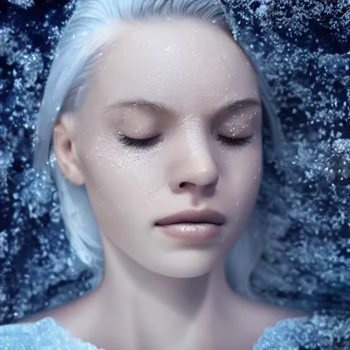 Prompt: female partly submerged in rippling viscous clear oil, with frosty eye lashes and brows, eyes closed, no makeup, frost needles, pale blue tint, complex hyperdetailed technical suit. white hair flowing, frosty breath, sci - fi, futuristic, ultra realistic, wide angle.