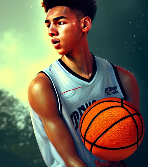 Prompt: portrait of a boy playing basketball in a basketball court, intense emotion, intricate, elegant, highly detailed, centered, digital painting, artstation, concept art, smooth, sharp focus, illustration, WLOP