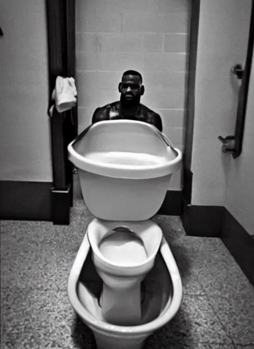 Image similar to instagram photo of lebron james stuck in a toilet, bad quality, shaky camera, funny