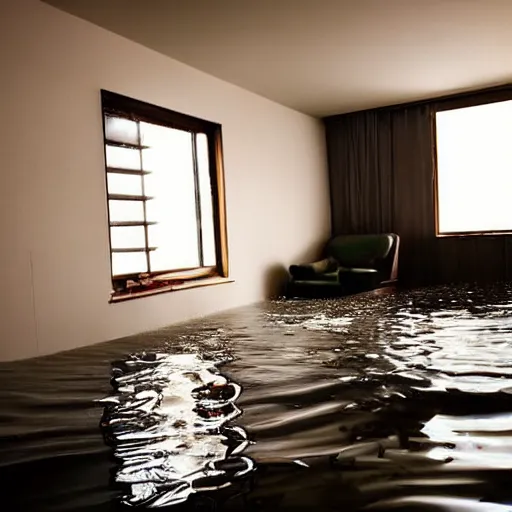 Image similar to flooded old bedroom with the lights still on, couch floating on the water