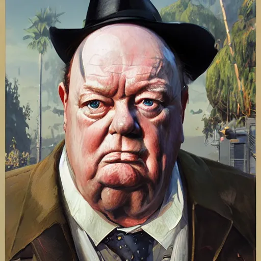 Image similar to highly detailed portrait, winston churchill, in gta v, stephen bliss, unreal engine, fantasy art by greg rutkowski, loish, rhads, ferdinand knab, makoto shinkai and lois van baarle, ilya kuvshinov, rossdraws, tom bagshaw, global illumination, radiant light, detailed and intricate environment