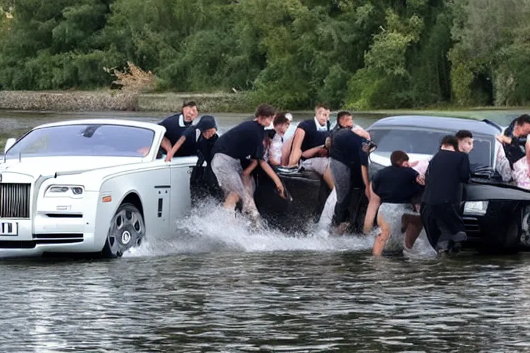 Image similar to Group of teenagers push Rolls-Royce into lake