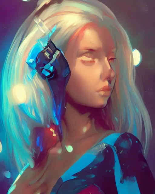 Image similar to pretty girl with blue hair, dj girl, in a club, laser lights background, sharp focus, digital painting, 8 k, concept art, art by wlop, artgerm, greg rutkowski and alphonse mucha