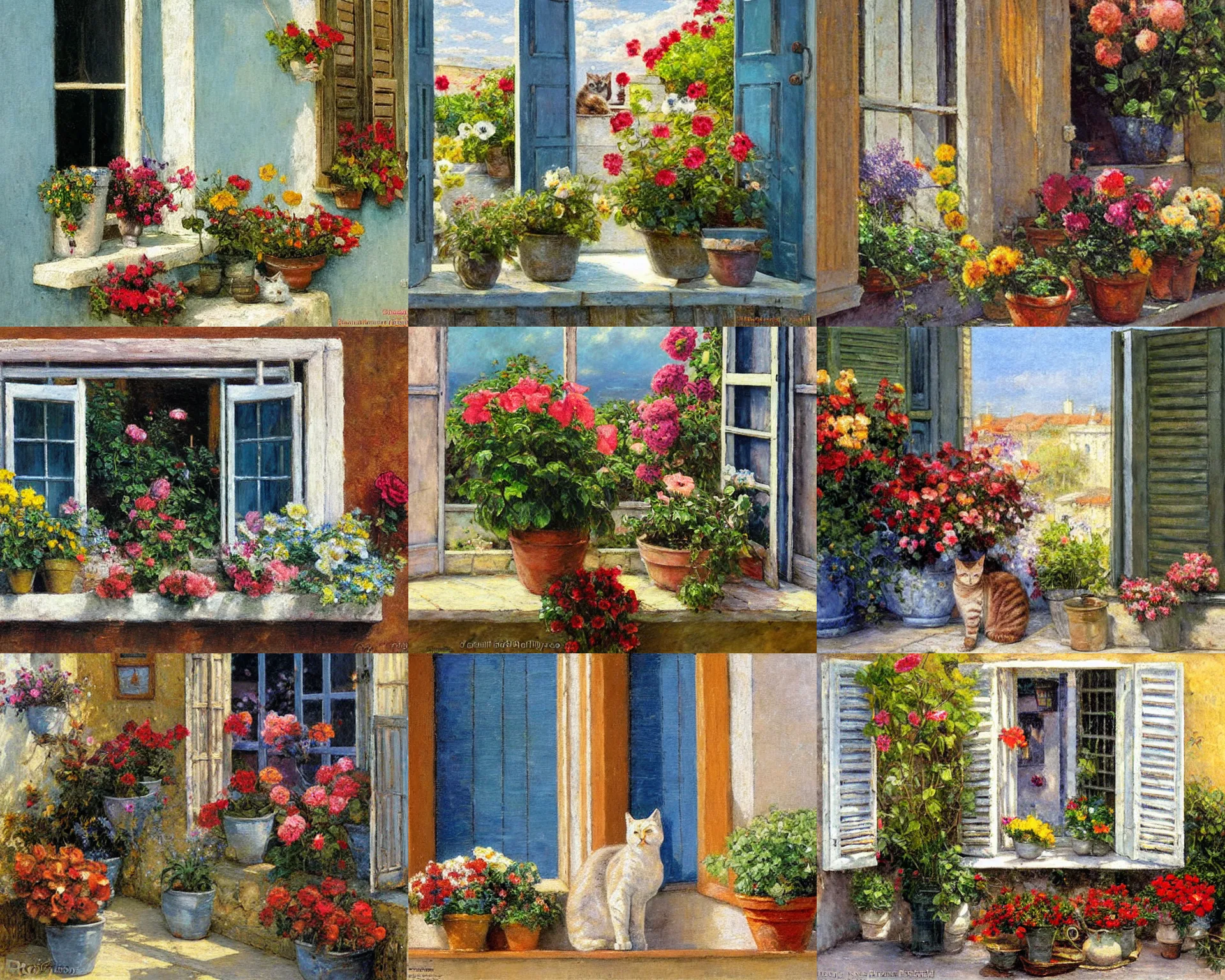 Prompt: Clasped cat in the center of the composition stands on the window sill, flower pots, flowers, shutters, bright sun, pale colors, calm, peaceful, oil painting by Ralph Hedley and Ted Nasmith and Jean-Pierre Gibrat