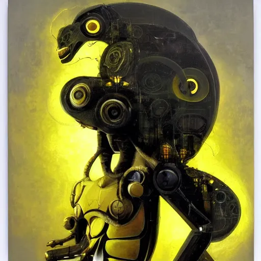 Image similar to a fullmetal wired neon robot kerberos in yellow noir without memory nor feelings, althoughbhe believes he is a god, oil on canvas by dave mckean and esao andrews